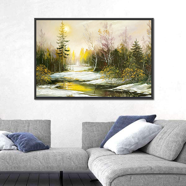 Winter Riverbank with Golden Light Canvas Wall Art