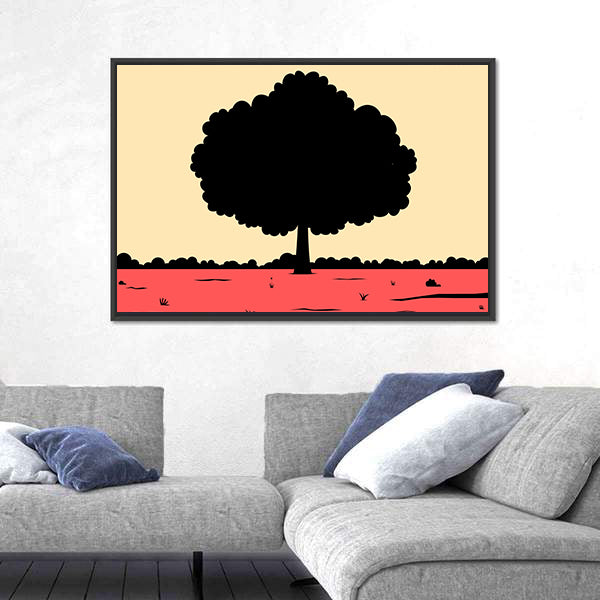 Black Tree Silhouette on Pink and Yellow Fields Canvas Wall Art