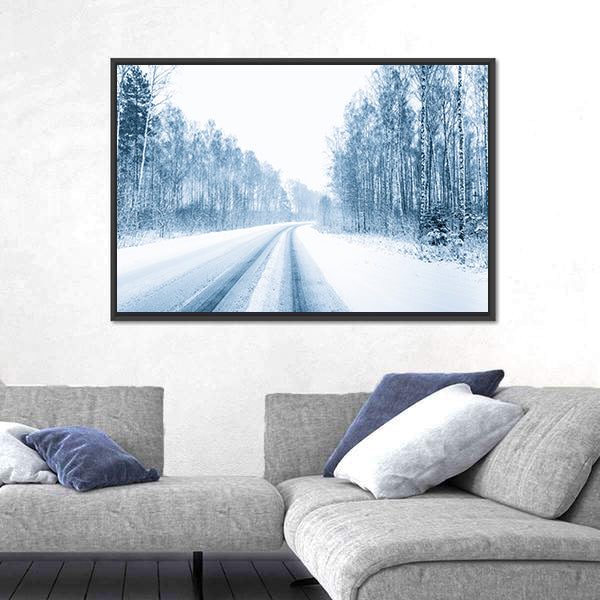 Snow Covered Open Road In Winter Canvas Wall Art
