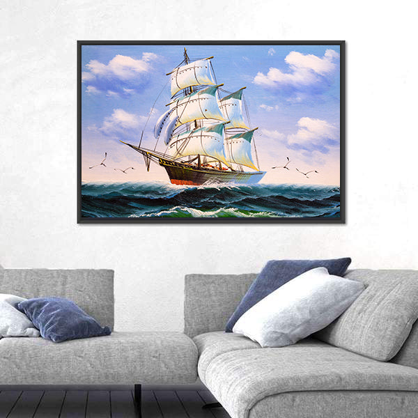 Three-masted Sailing Ship at Sea Canvas Wall Art
