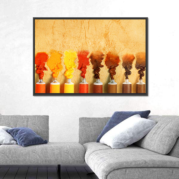 Eight Paint Tubes in Warm Yellow-brown Gradient Canvas Wall Art