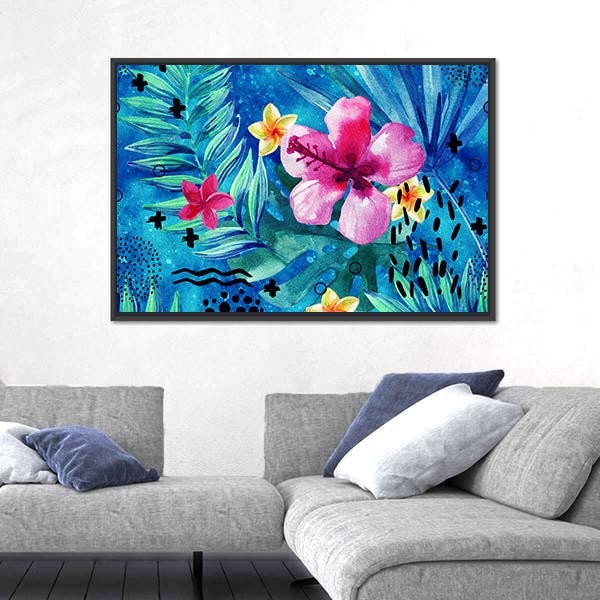Tropical Hibiscus and Palm Leaf Pattern Canvas Wall Art