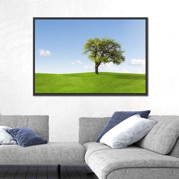 Solitary Tree on Sunny Green Hill Canvas Wall Art