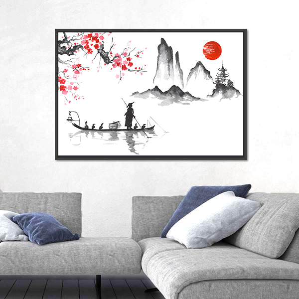 Japanese Ink Wash Fisherman at Sunrise Canvas Wall Art
