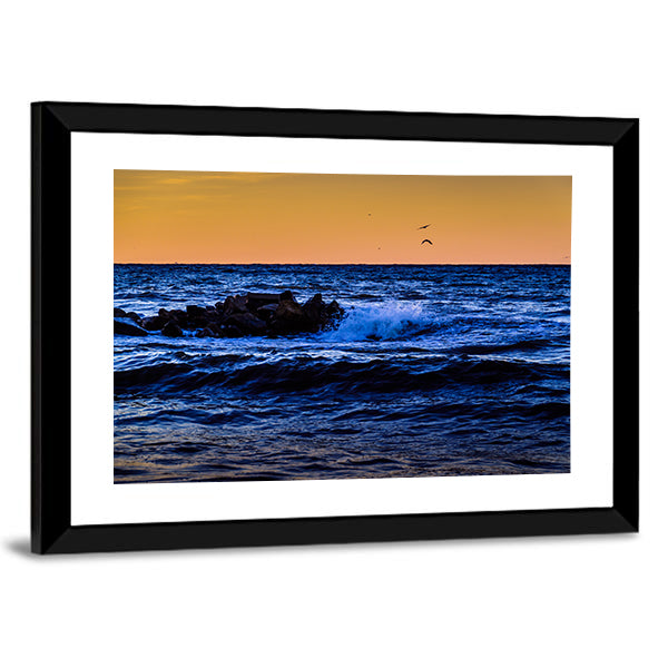 Blue Ocean Waves at Sunset Canvas Wall Art
