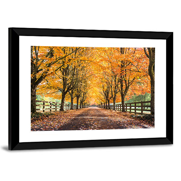 Autumn Tree Tunnel with Golden Leaves Canvas Wall Art