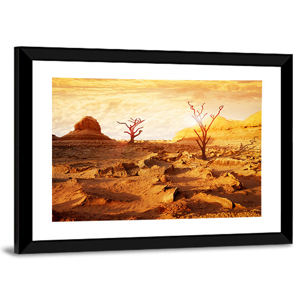 Sunset Over Dry Desert Canvas Wall Art