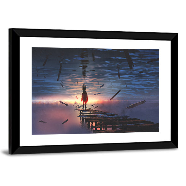 Hooded Figure on Broken Bridge Canvas Wall Art