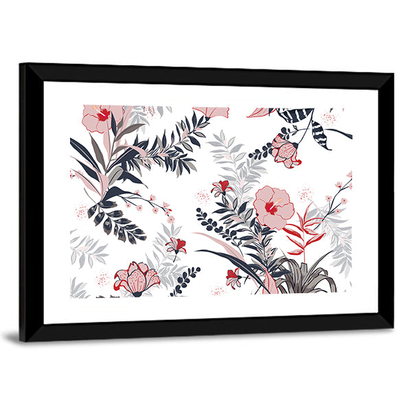 Hibiscus and Tropical Leaves Pattern Canvas Wall Art