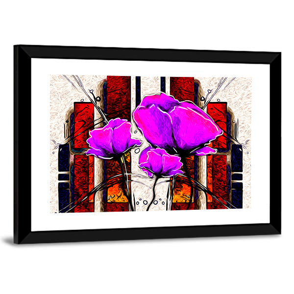 Oil Painted Purple Poppies with Geometric Background Canvas Wall Art