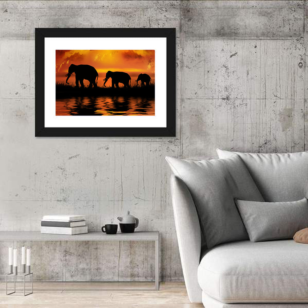Three Elephants at Sunset Canvas Wall Art