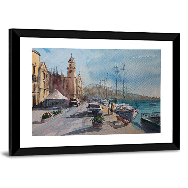 Harbor Town Sketch with Clock Tower Canvas Wall Art
