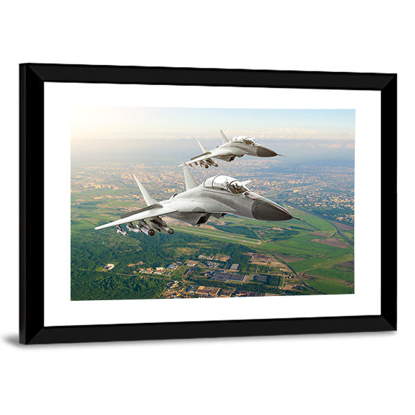 Twin Fighter Jets Over Airfield Canvas Wall Art
