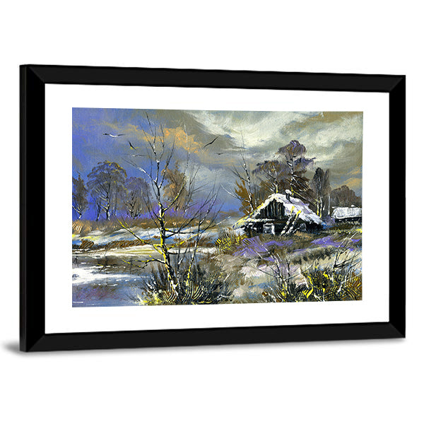 Snow-covered Cabin by the Lake Canvas Wall Art