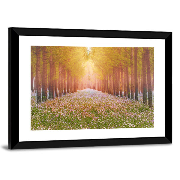 Sunlit Forest Path with Wildflowers Canvas Wall Art
