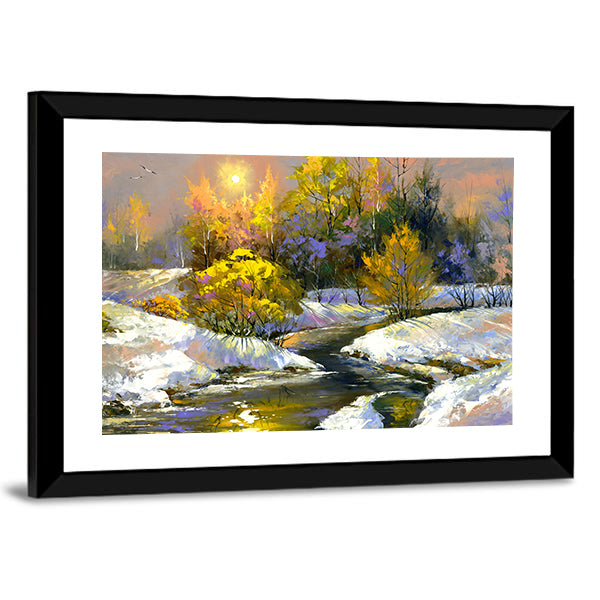 Winter River Through Snowy Forest Canvas Wall Art