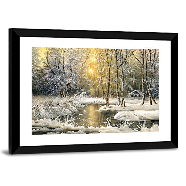 Winter Wooden Forest Lake Canvas Wall Art