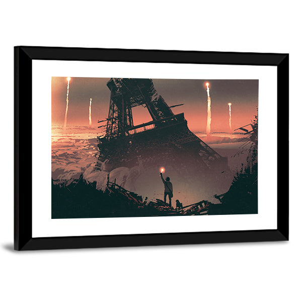 Silhouetted Man at Crumbling Eiffel Tower Canvas Wall Art