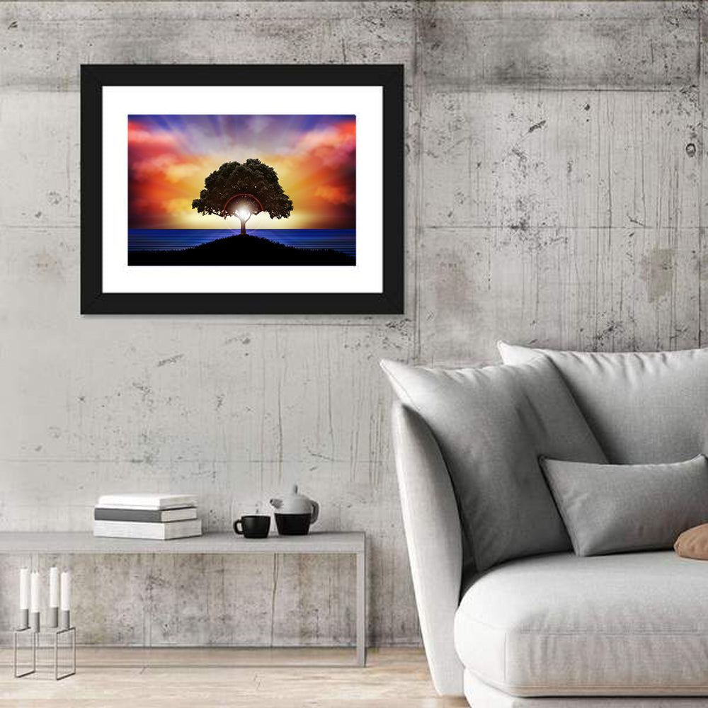 Lone Tree Silhouette at Sunset Canvas Wall Art