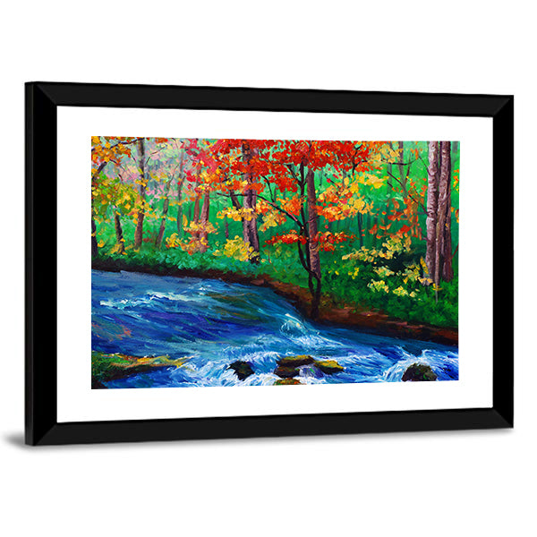 Autumn Maple by Flowing Stream Canvas Wall Art