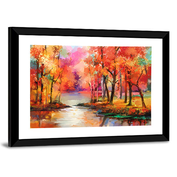 Autumn Forest with River Canvas Wall Art