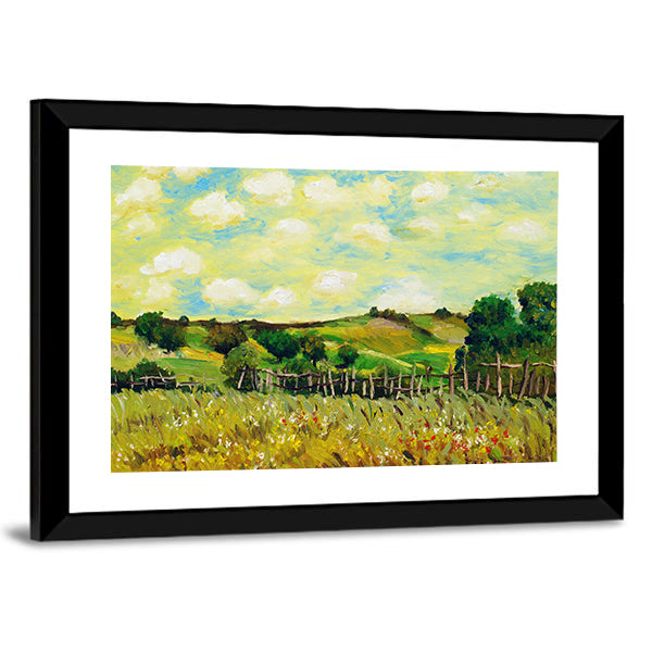 Sunlit Rolling Green Farm Fields Painting Canvas Wall Art