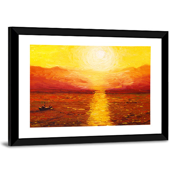 Sunset Sea with Boat Oil Painting Canvas Wall Art