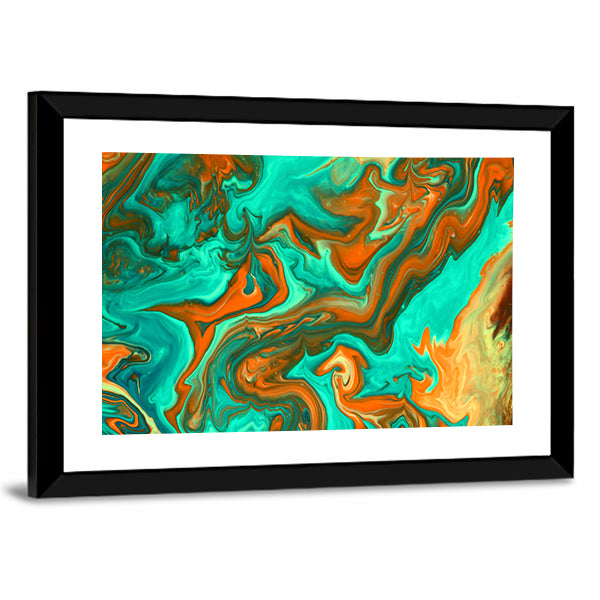 Turquoise and Orange Liquid Abstract Canvas Wall Art