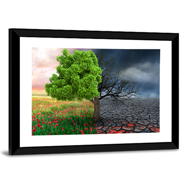Split Tree with Poppies and Cracked Earth Canvas Wall Art