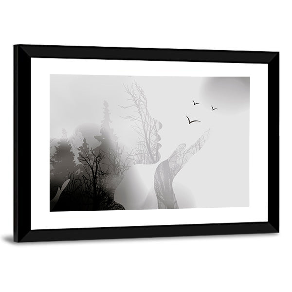 Woman Silhouette with Forest and Birds Canvas Wall Art