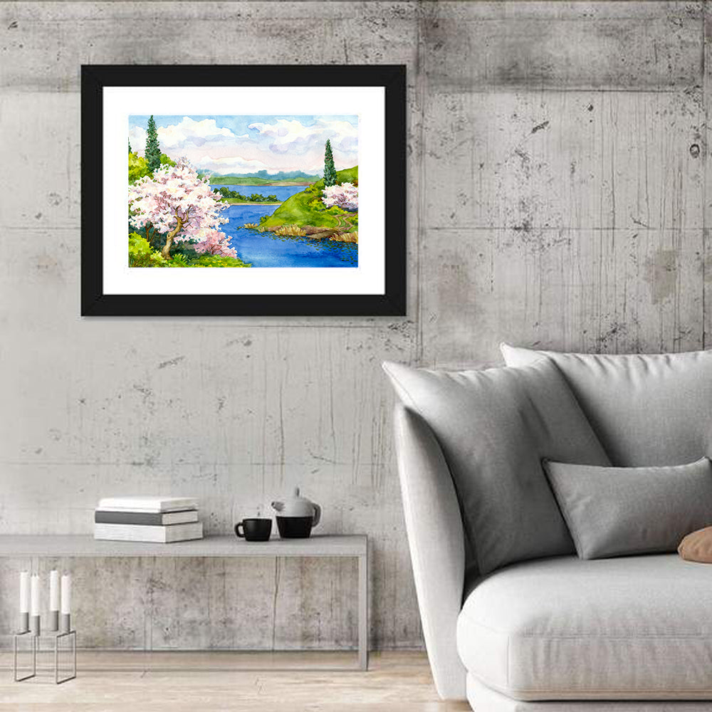 Watercolor Spring Cherry Blossom Landscape Canvas Wall Art
