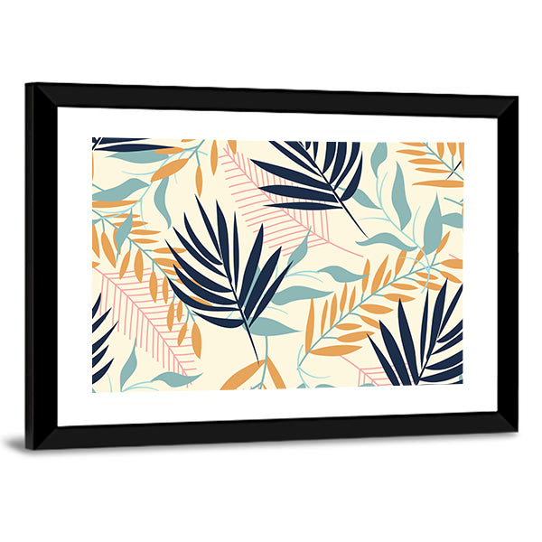 Tropical Leaves Pattern in Navy and Mustard Canvas Wall Art