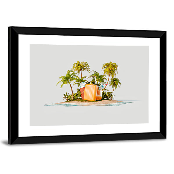 Tropical Island with Bright Orange Suitcase Canvas Wall Art