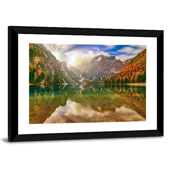 Autumn Reflection at Braies Lake Canvas Wall Art