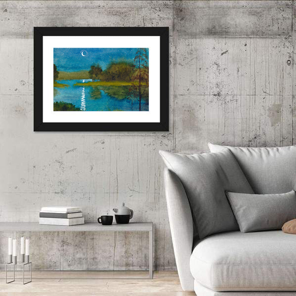 Moonlit River Watercolor Landscape Canvas Wall Art