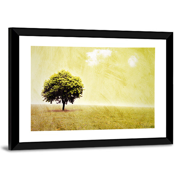 Lone Tree in Yellow Meadow Canvas Wall Art