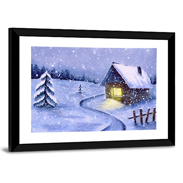Snowy Cabin with Winding Path Canvas Wall Art