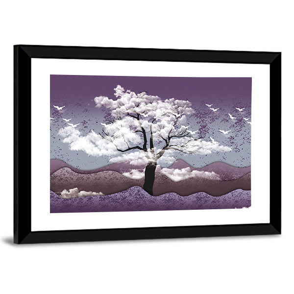 Cloud-leaf Tree Over Misty Lavender Hills Canvas Wall Art