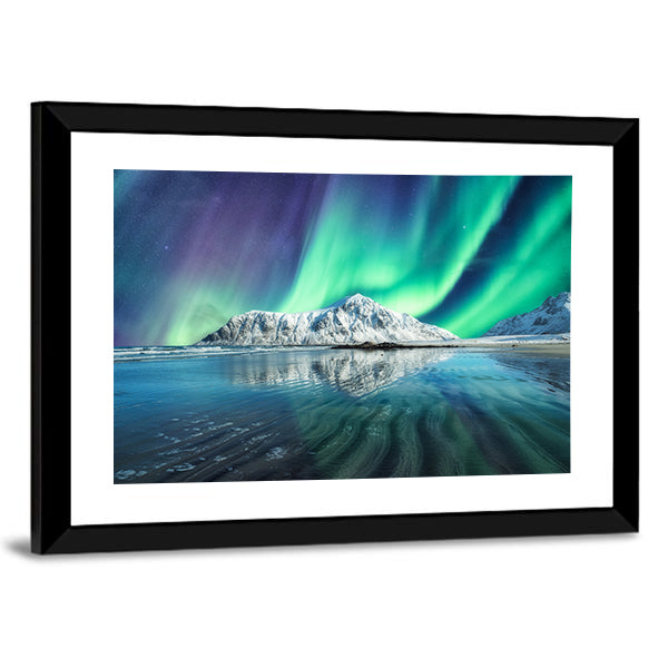 Northern Lights On Snowy Mountain In Lofoten Islands Canvas Wall Art