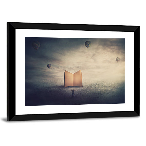 Monolithic Glowing Book Over Parched Desert Canvas Wall Art