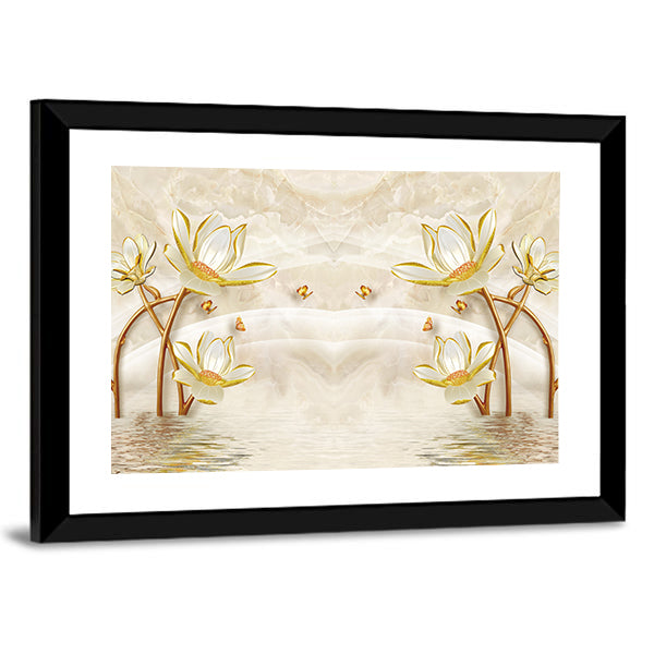 Gold-edged Lotus and Butterflies Illustration Canvas Wall Art