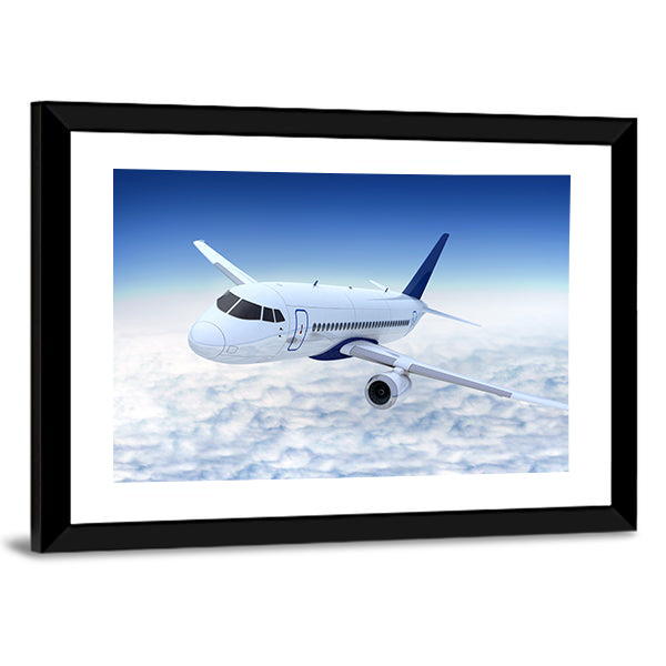 White Jet Banking Above Cumulus Clouds Canvas Wall Art
