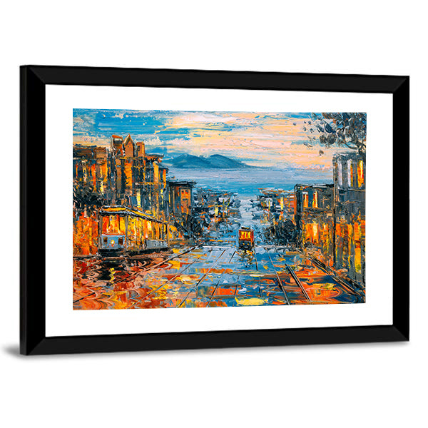 San Francisco Cable Cars on Rain-soaked Street Canvas Wall Art