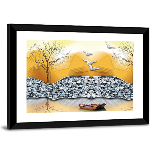 3d Lake Illustration with Boat Canvas Wall Art