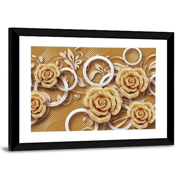 3d Golden Rose Flower Canvas Wall Art