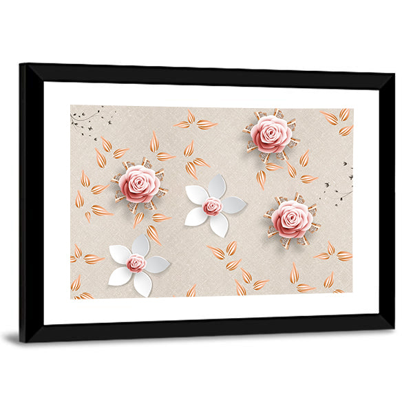 3d Stylized Pink Roses and White Flowers Canvas Wall Art