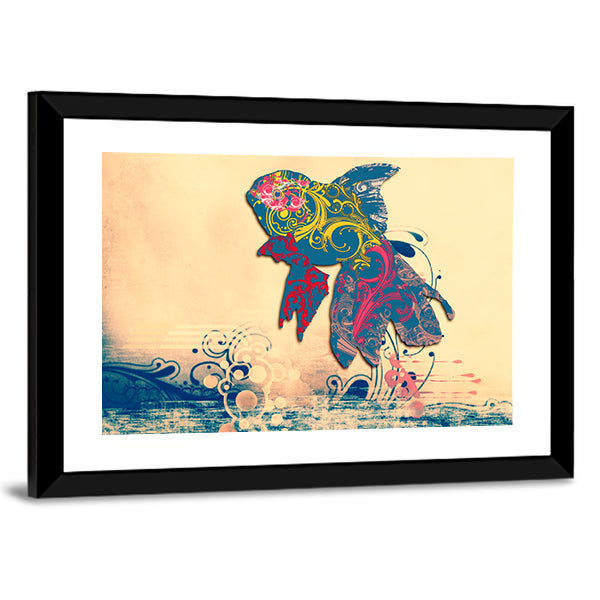 Grunge Goldfish with Ornate Floral Patterns Canvas Wall Art