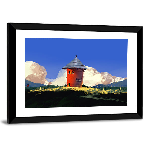 Red Tower on Grassy Hill Canvas Wall Art