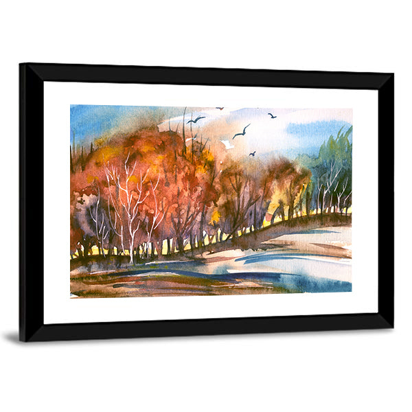 Autumn Lakeside Tree Line Canvas Wall Art