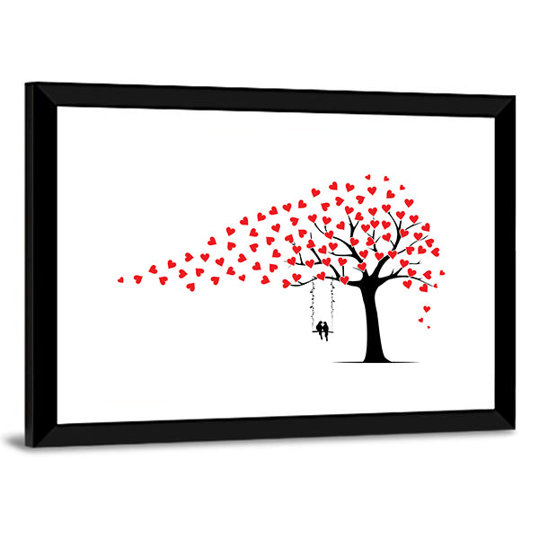Tree with Heart Leaves and Couple on Swing Canvas Wall Art